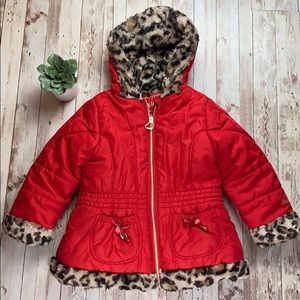 Pistachio red/Leopard girls coat size 5